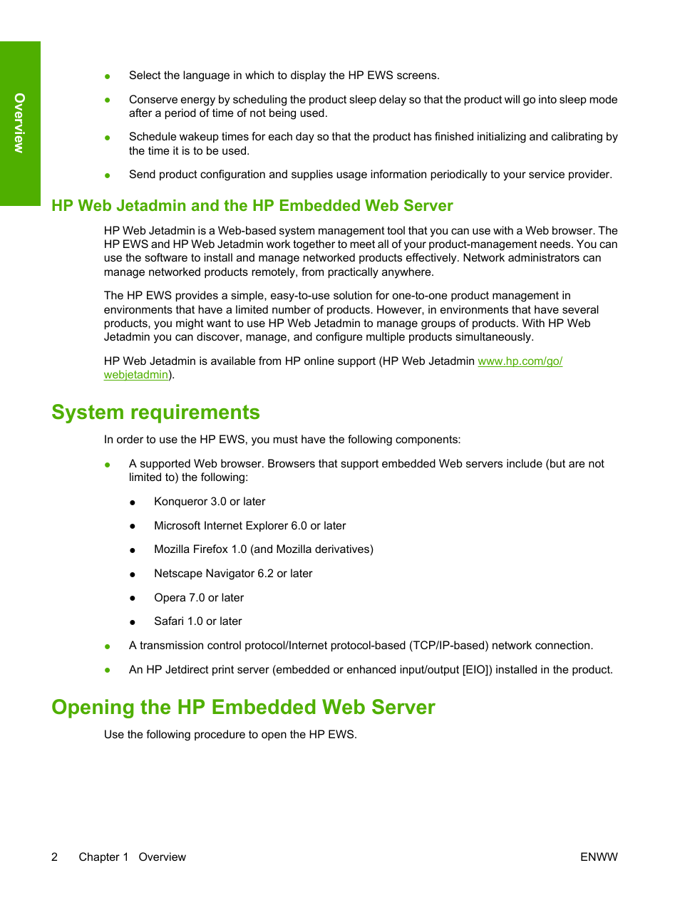 Hp web jetadmin and the hp embedded web server, System requirements, Opening the hp embedded web server | HP 9250c Digital-Sender User Manual | Page 12 / 98