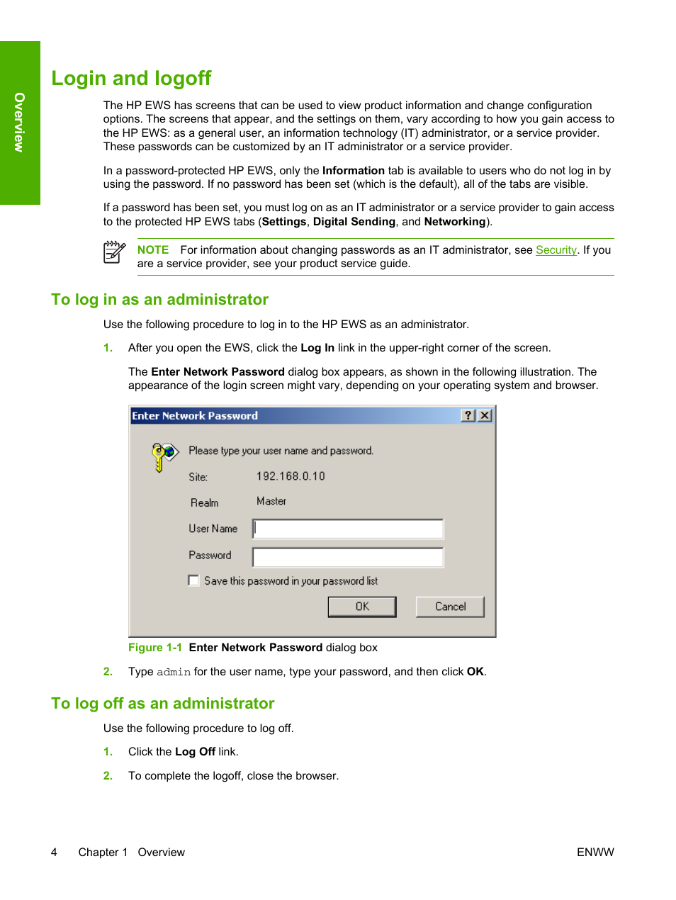 Login and logoff, To log in as an administrator, To log off as an administrator | Figure 1-1 enter network password dialog box | HP 9250c Digital-Sender User Manual | Page 14 / 98