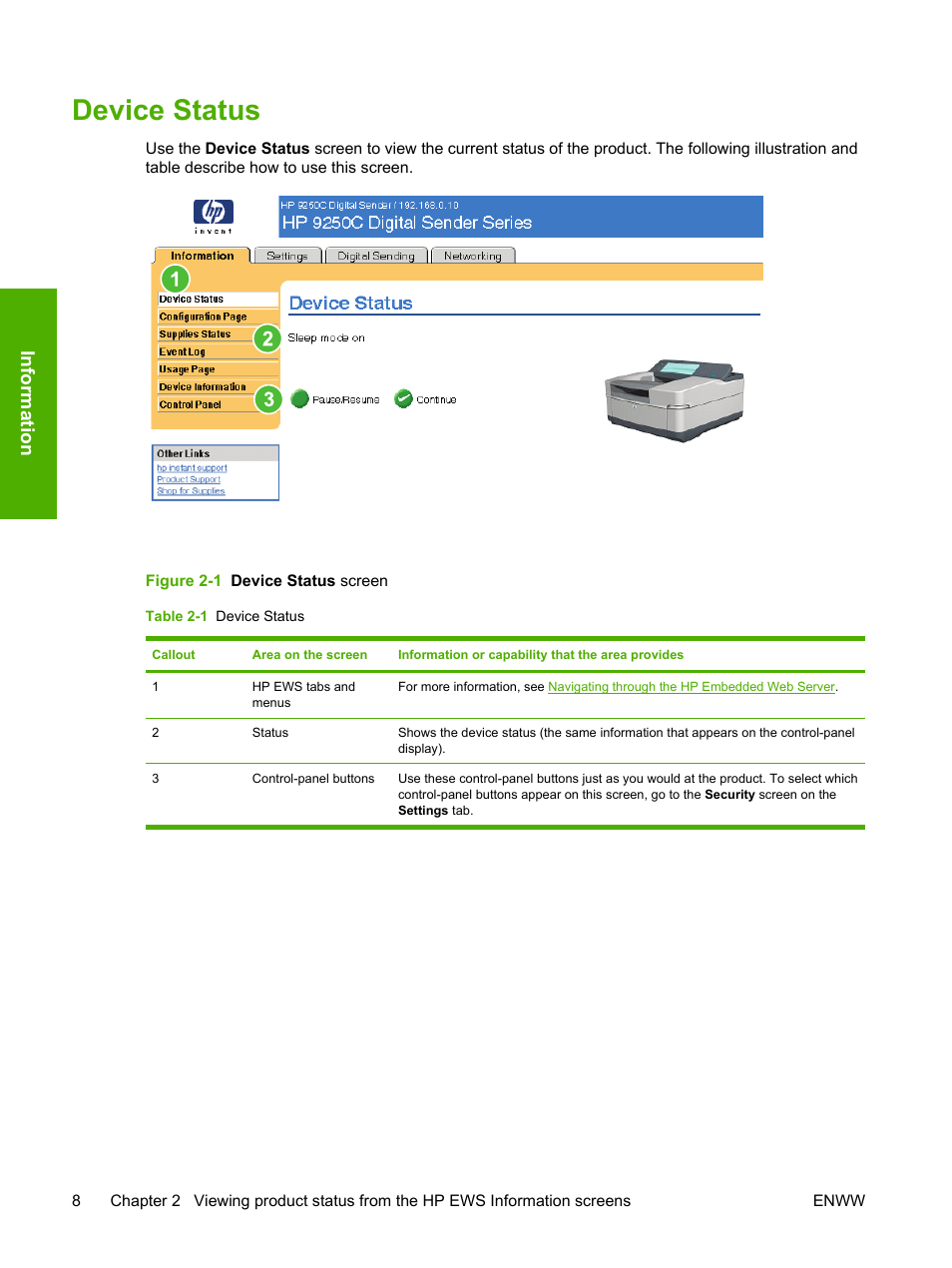 Device status, Table 2-1 device status, Figure 2-1 device status screen | Informat ion | HP 9250c Digital-Sender User Manual | Page 18 / 98