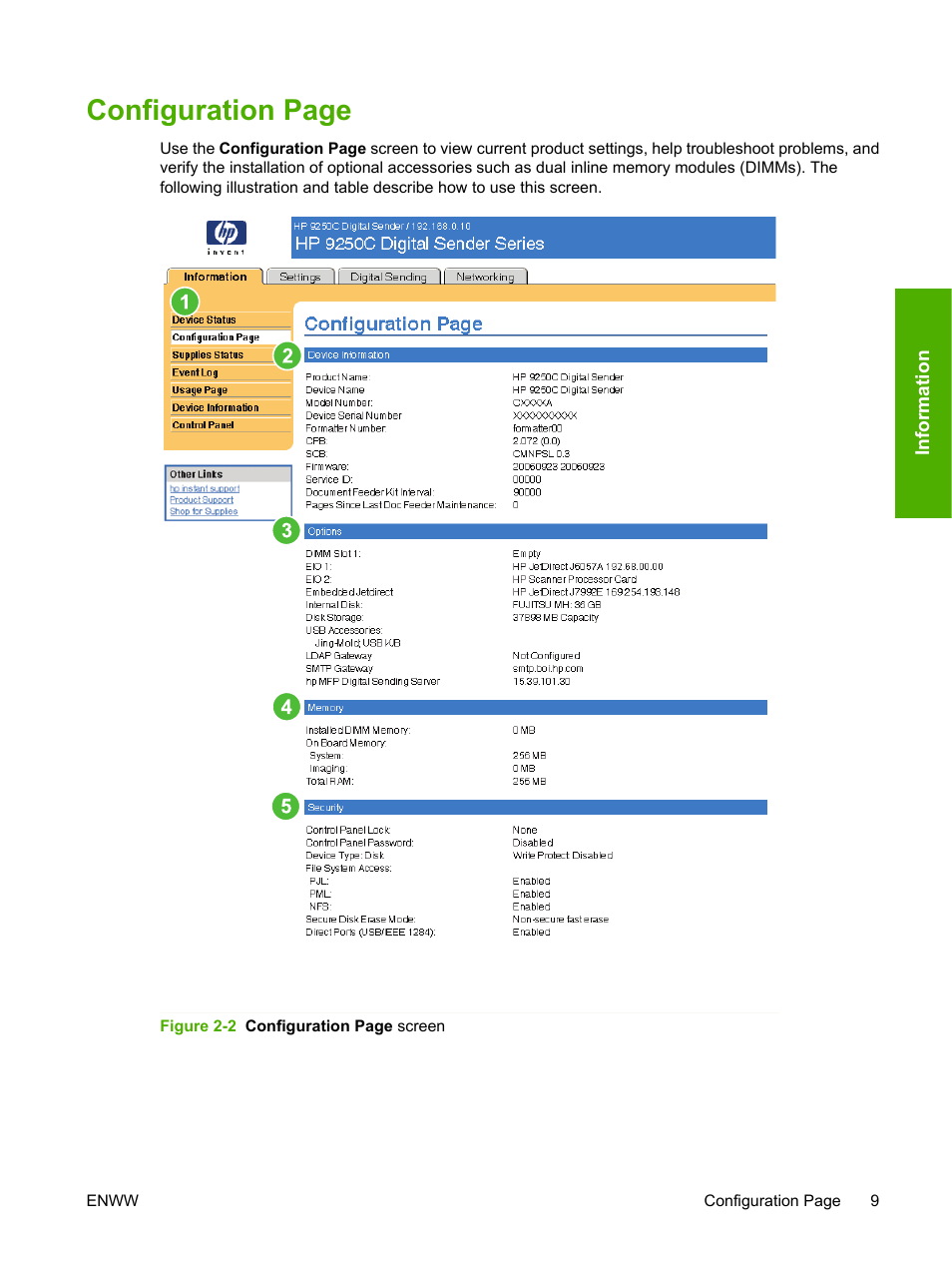 Configuration page | HP 9250c Digital-Sender User Manual | Page 19 / 98