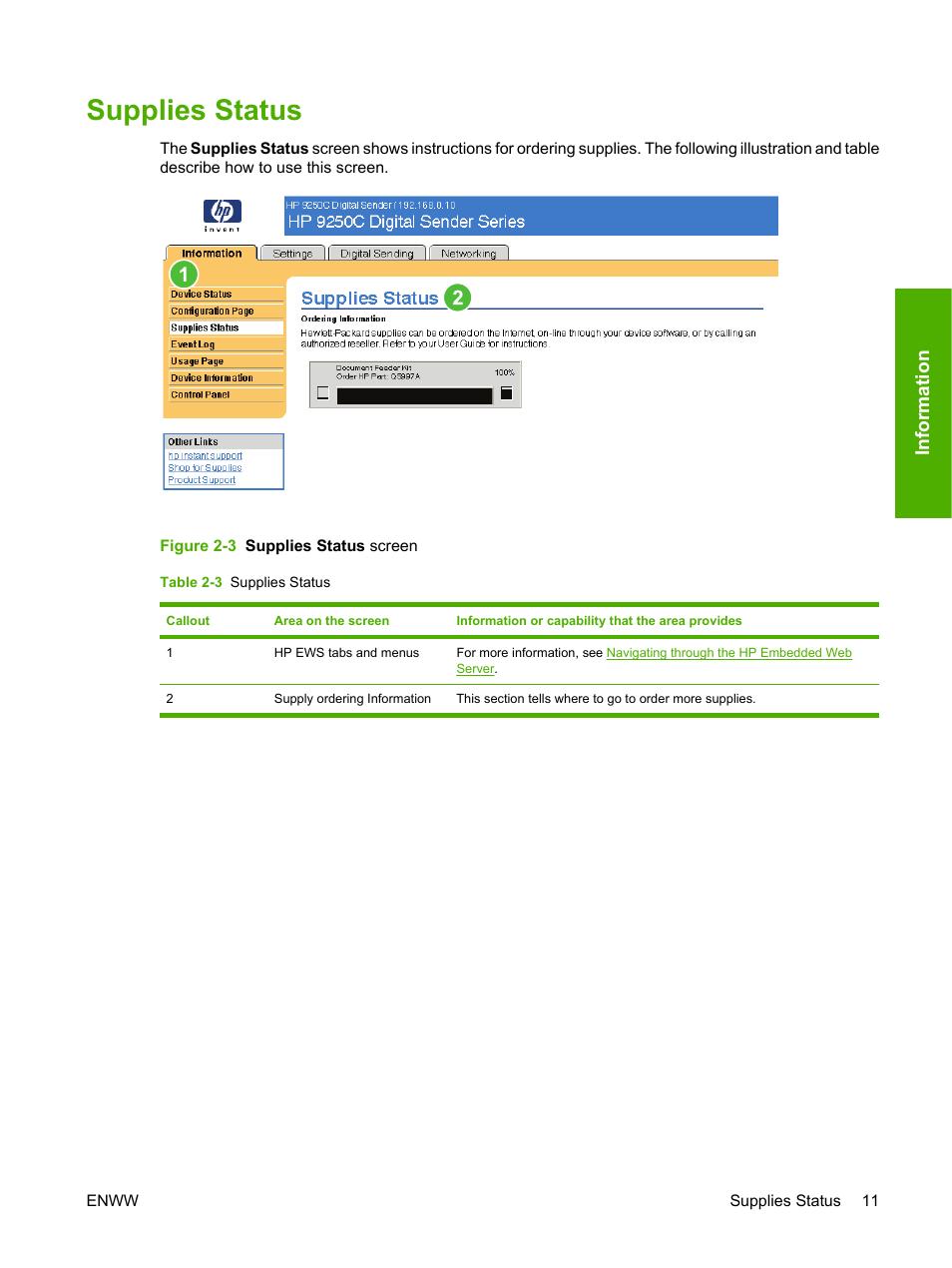 Supplies status, Table 2-3 supplies status, Figure 2-3 supplies status screen | Informat ion | HP 9250c Digital-Sender User Manual | Page 21 / 98