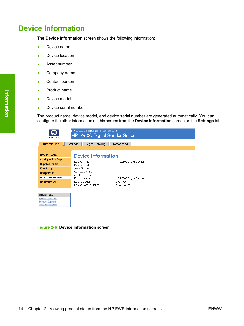 Device information, Figure 2-6 device information screen | HP 9250c Digital-Sender User Manual | Page 24 / 98