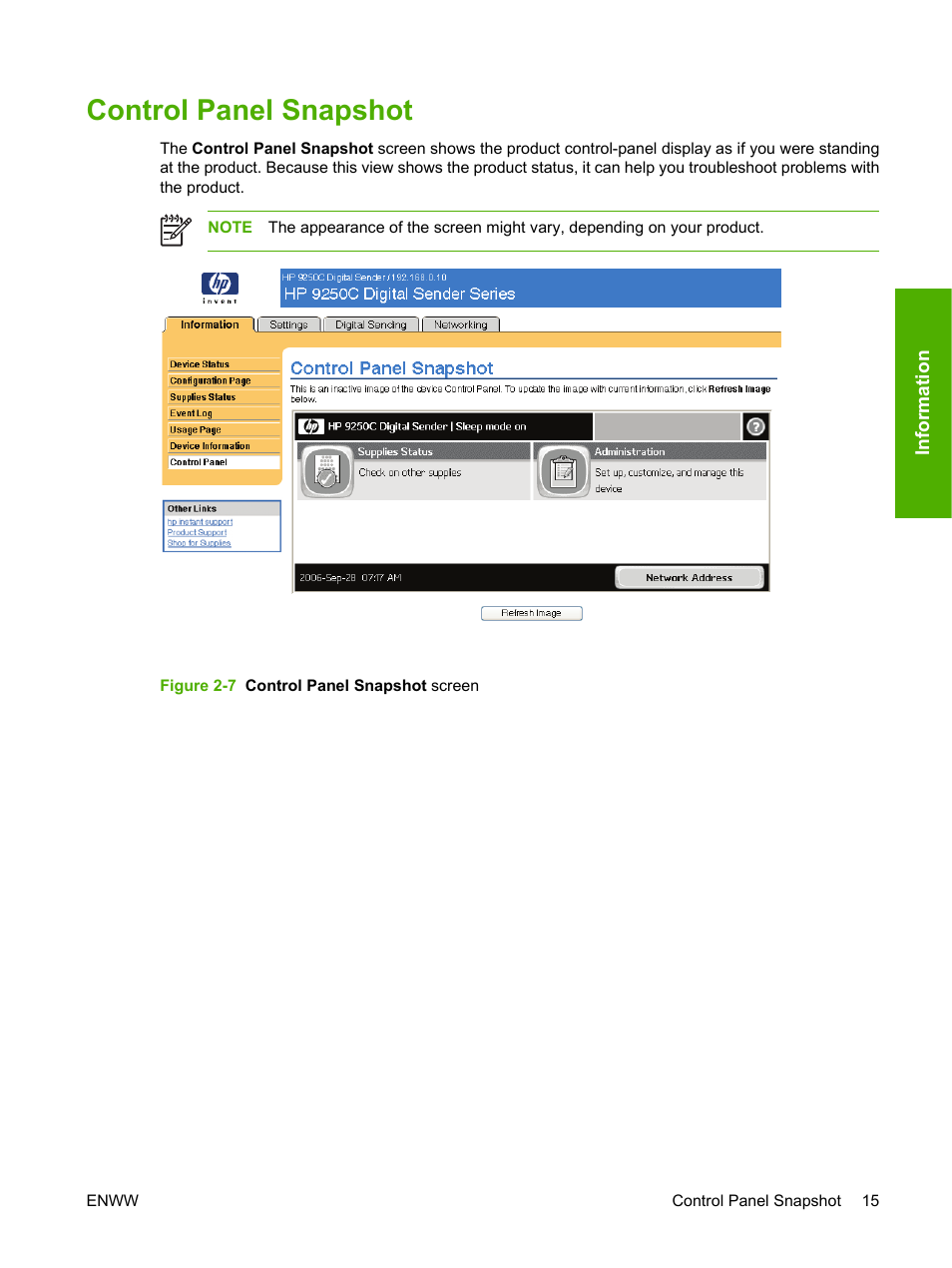 Control panel snapshot, Figure 2-7 control panel snapshot screen | HP 9250c Digital-Sender User Manual | Page 25 / 98