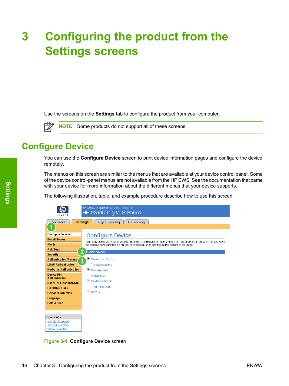 Configuring the product from the settings screens, Configure device, Figure 3-1 configure device screen | Configuring the product from the, Settings screens, Configuring the product from, The settings screens, 3configuring the product from the settings screens | HP 9250c Digital-Sender User Manual | Page 26 / 98