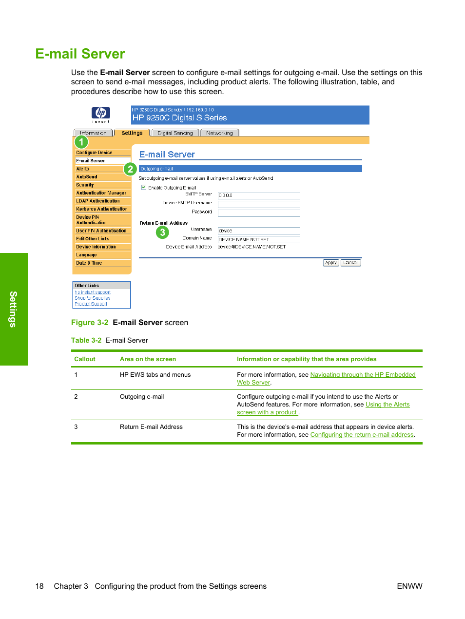 E-mail server, Table 3-2 e-mail server, Figure 3-2 e-mail server screen | Settings | HP 9250c Digital-Sender User Manual | Page 28 / 98