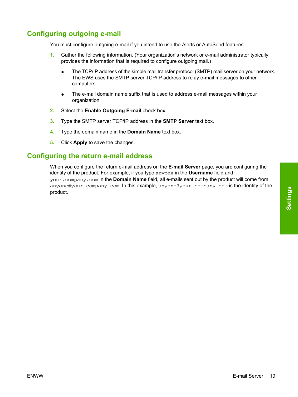 Configuring outgoing e-mail, Configuring the return e-mail address | HP 9250c Digital-Sender User Manual | Page 29 / 98