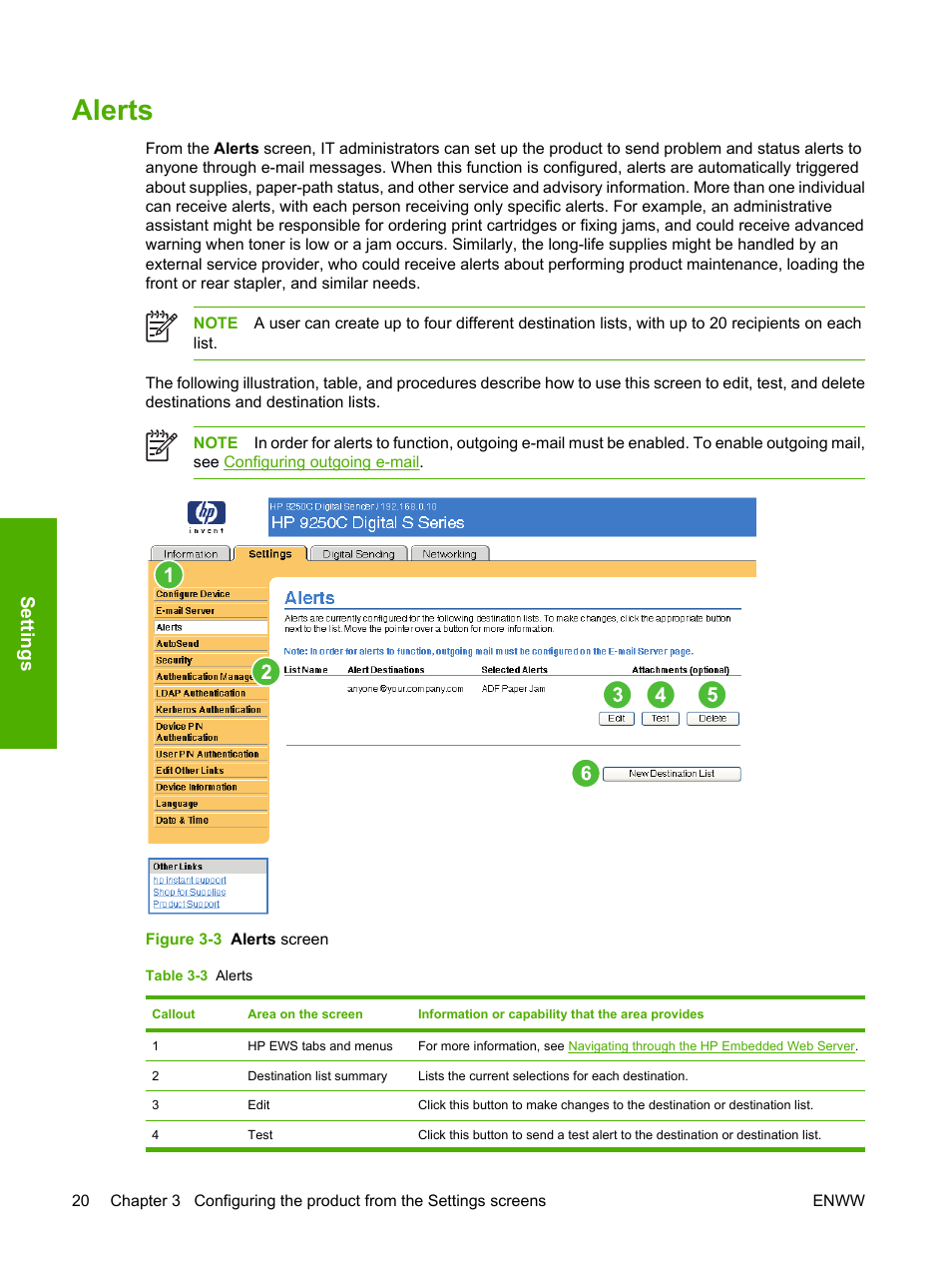 Alerts, Table 3-3 alerts, Figure 3-3 alerts screen | Settings | HP 9250c Digital-Sender User Manual | Page 30 / 98