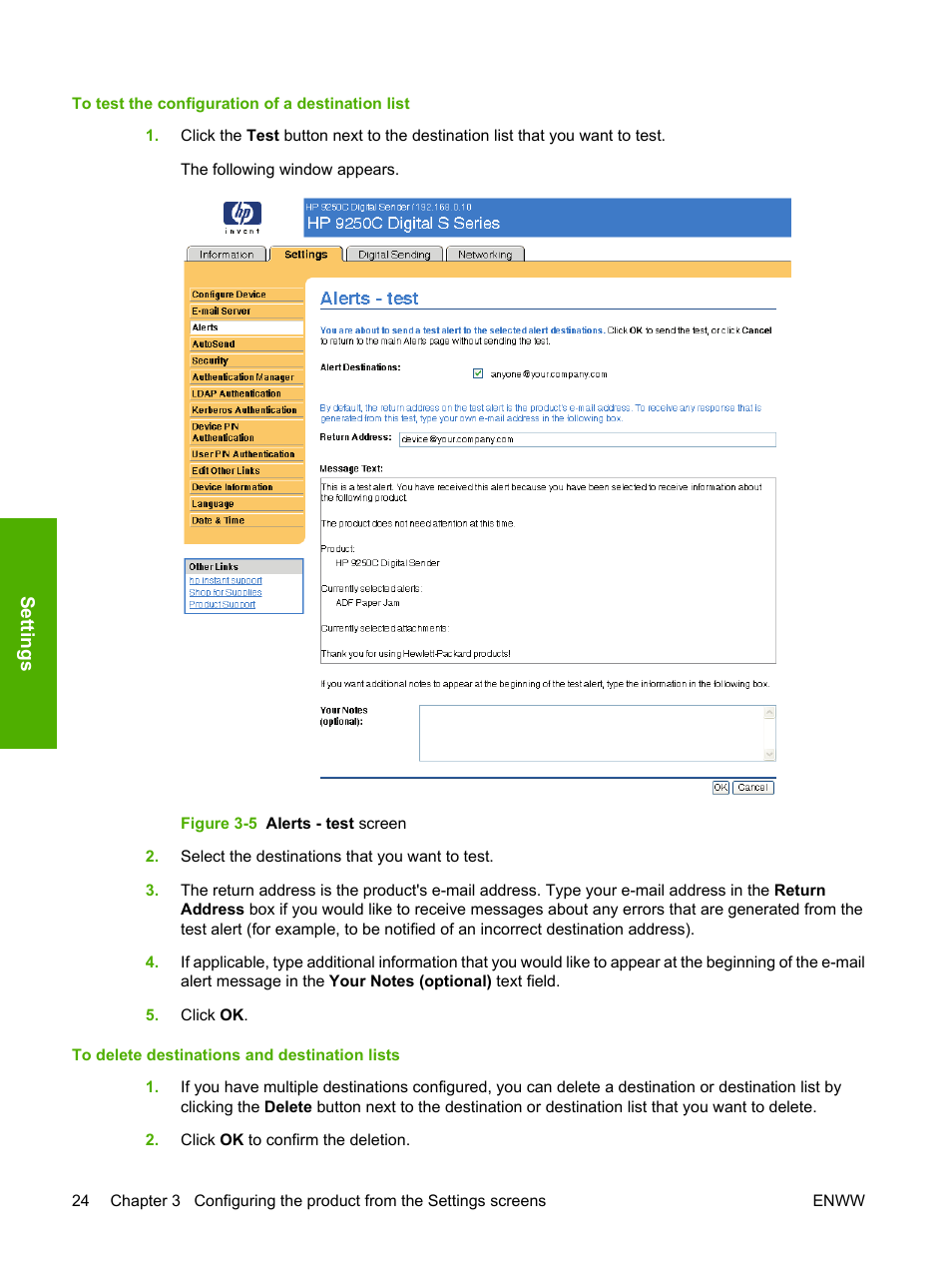 Figure 3-5 alerts - test screen | HP 9250c Digital-Sender User Manual | Page 34 / 98