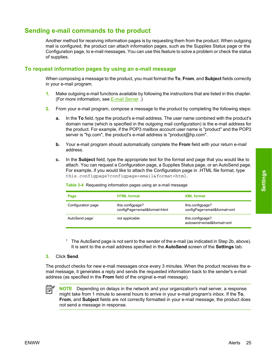 Sending e-mail commands to the product, Settings | HP 9250c Digital-Sender User Manual | Page 35 / 98