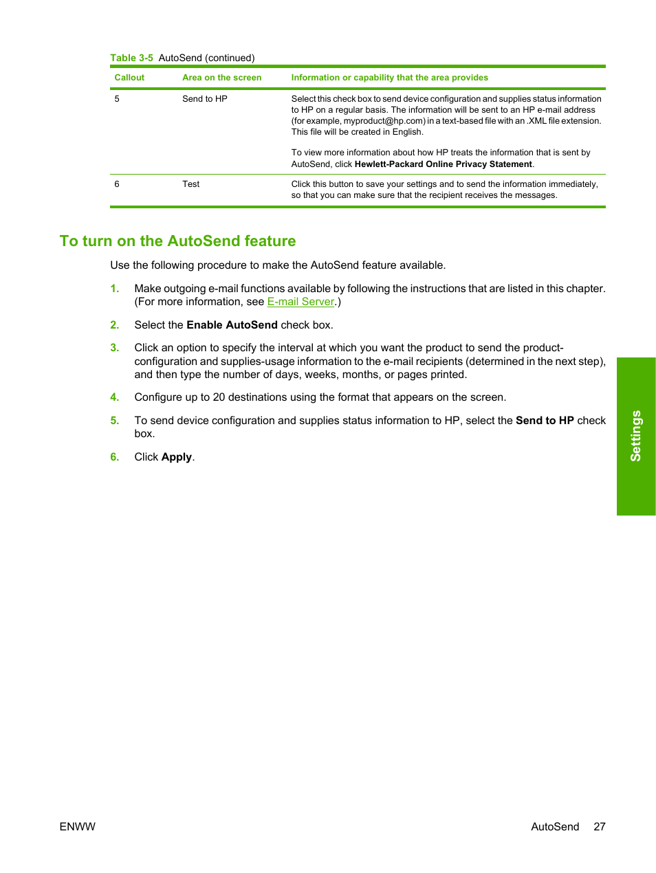 To turn on the autosend feature, Settings | HP 9250c Digital-Sender User Manual | Page 37 / 98