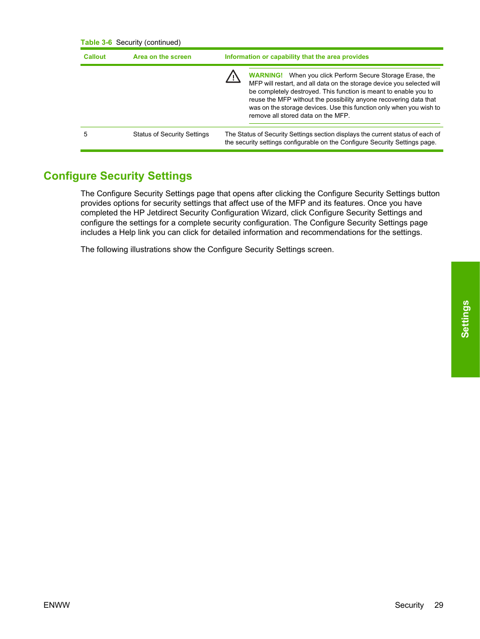 Configure security settings, Settings | HP 9250c Digital-Sender User Manual | Page 39 / 98