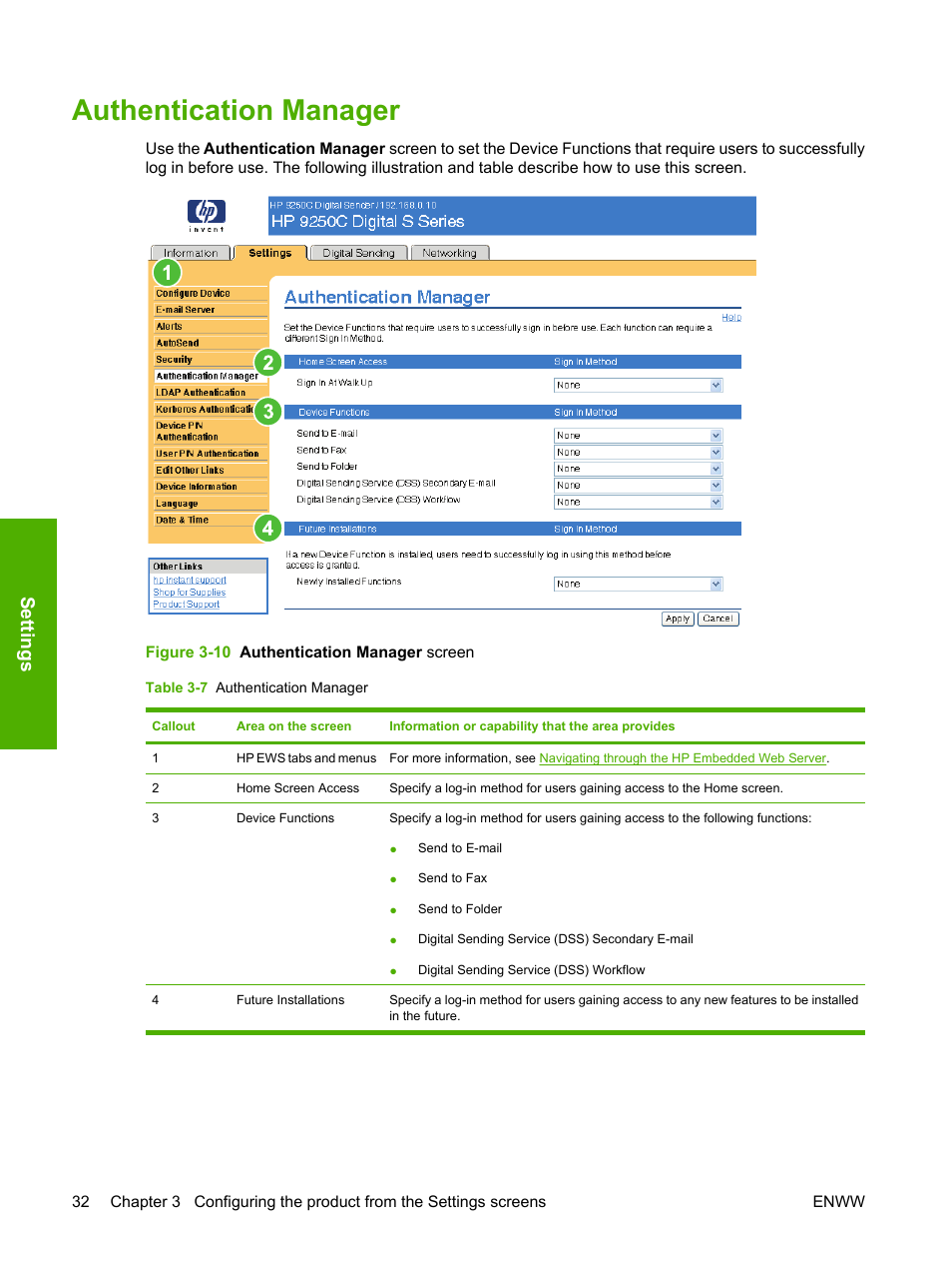 Authentication manager, Table 3-7 authentication manager, Figure 3-10 authentication manager screen | Settings | HP 9250c Digital-Sender User Manual | Page 42 / 98