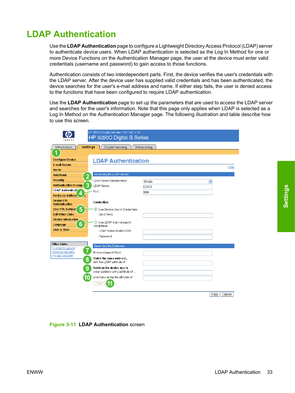 Ldap authentication, Figure 3-11 ldap authentication screen | HP 9250c Digital-Sender User Manual | Page 43 / 98