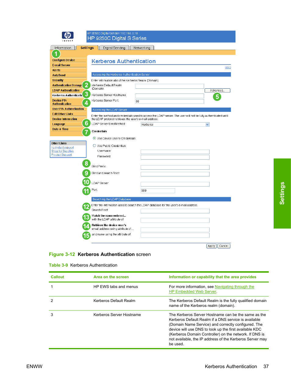 Table 3-9 kerberos authentication, Figure 3-12 kerberos authentication screen, Settings | HP 9250c Digital-Sender User Manual | Page 47 / 98