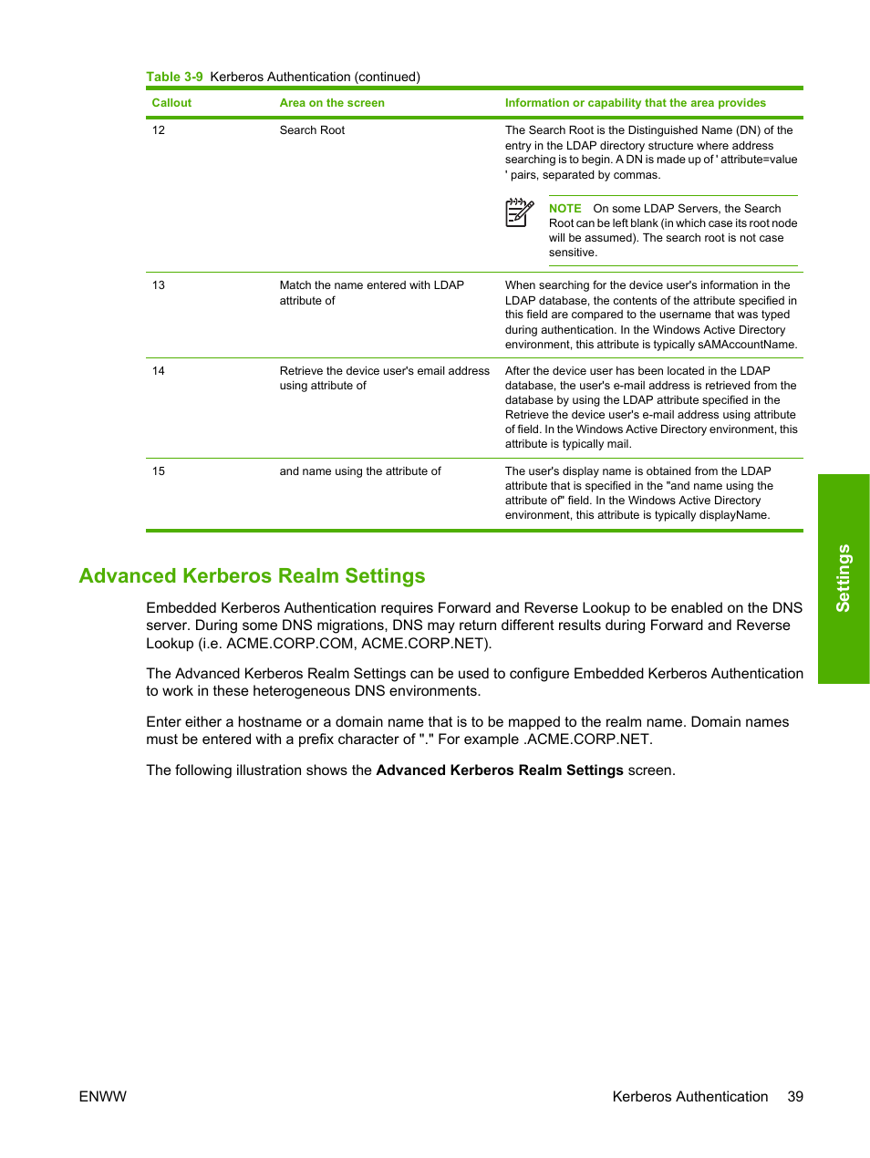 Advanced kerberos realm settings, Settings | HP 9250c Digital-Sender User Manual | Page 49 / 98