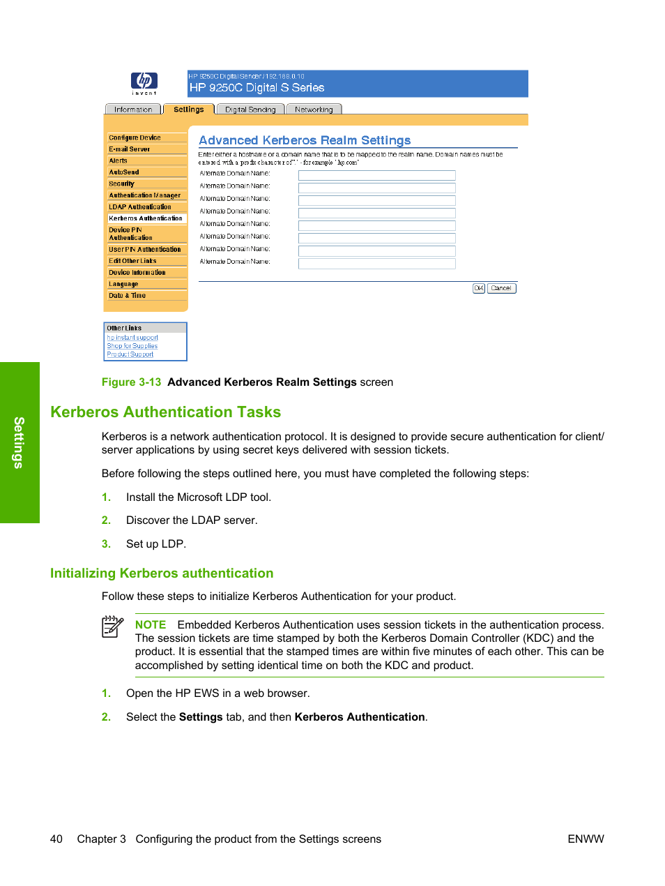 Kerberos authentication tasks, Initializing kerberos authentication | HP 9250c Digital-Sender User Manual | Page 50 / 98