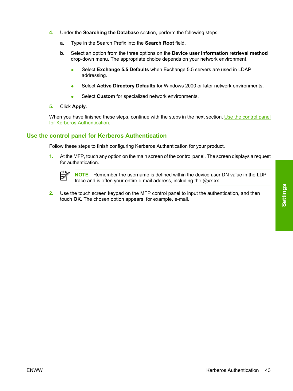 Use the control panel for kerberos authentication | HP 9250c Digital-Sender User Manual | Page 53 / 98