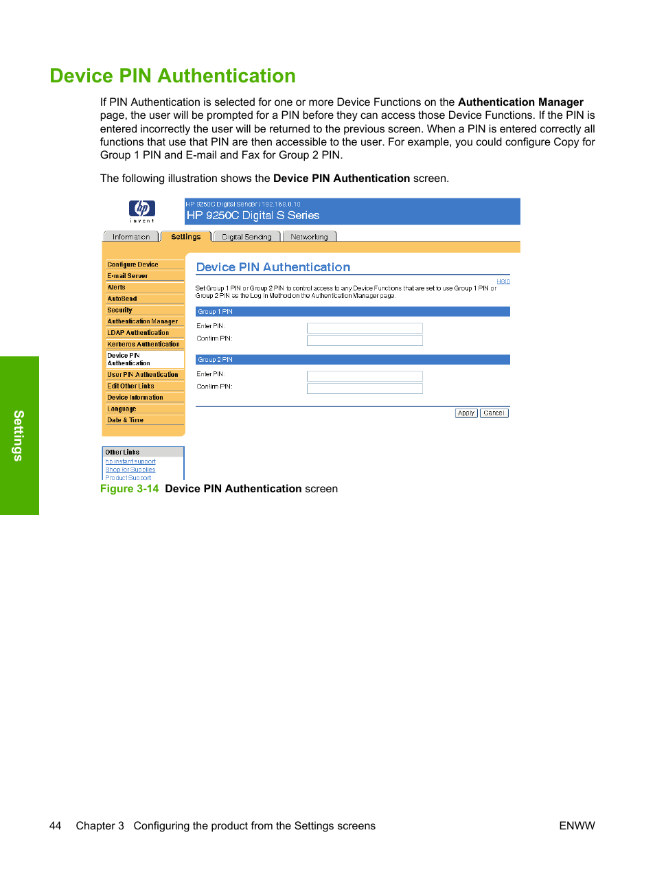Device pin authentication, Figure 3-14 device pin authentication screen | HP 9250c Digital-Sender User Manual | Page 54 / 98