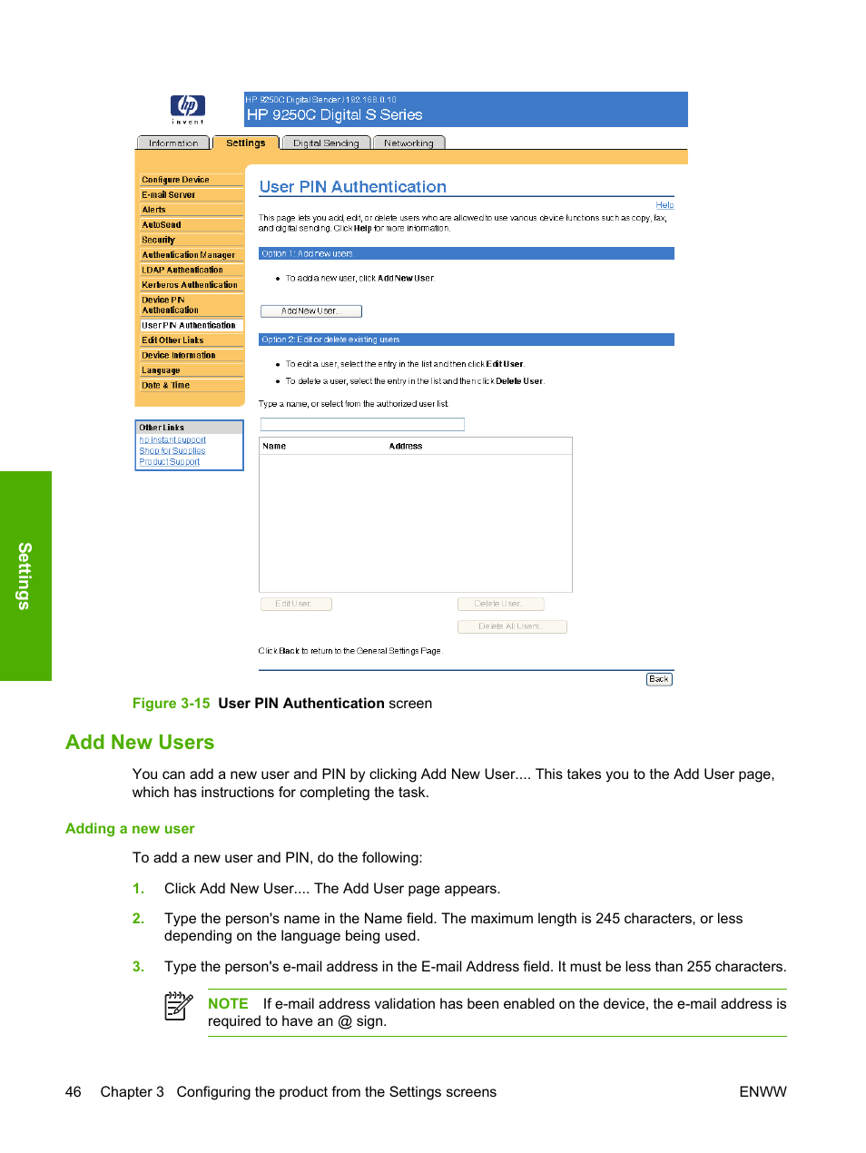 Add new users, Figure 3-15 user pin authentication screen | HP 9250c Digital-Sender User Manual | Page 56 / 98