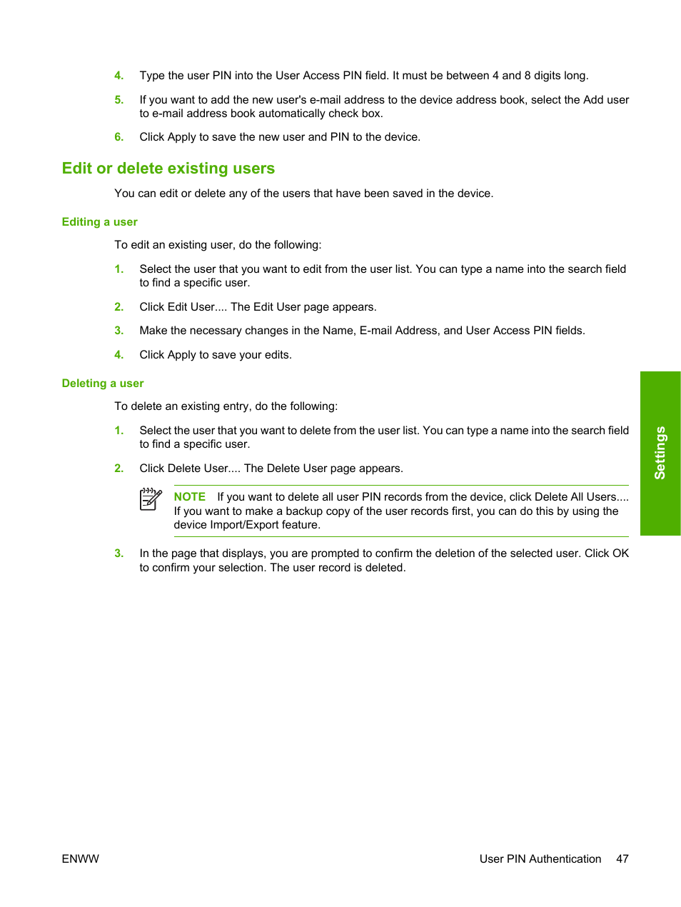 Edit or delete existing users | HP 9250c Digital-Sender User Manual | Page 57 / 98