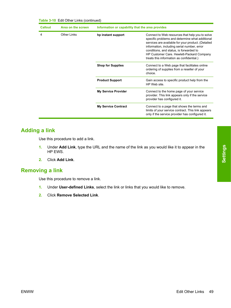 Adding a link, Removing a link, Adding a link removing a link | Settings | HP 9250c Digital-Sender User Manual | Page 59 / 98