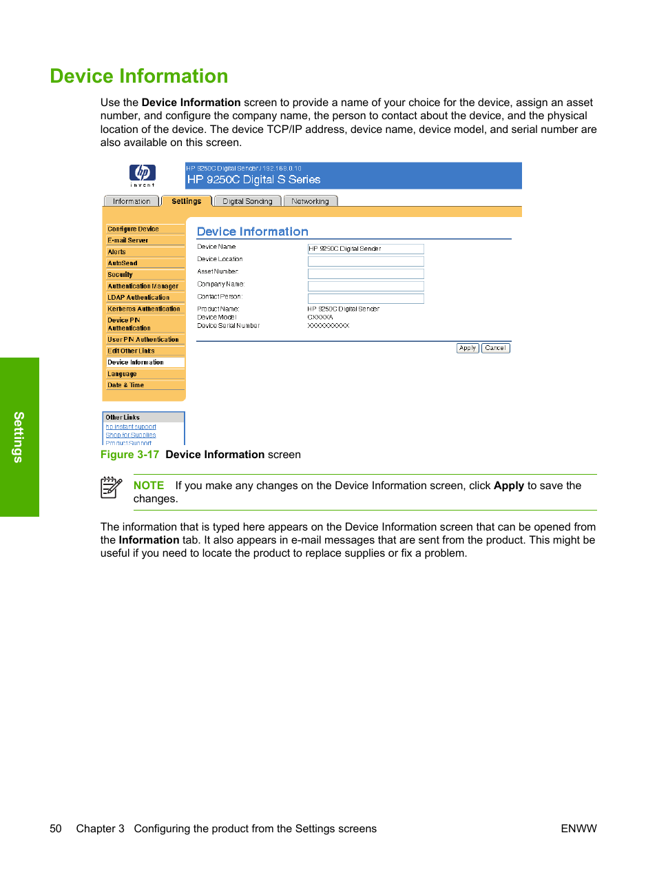 Device information, Figure 3-17 device information screen | HP 9250c Digital-Sender User Manual | Page 60 / 98