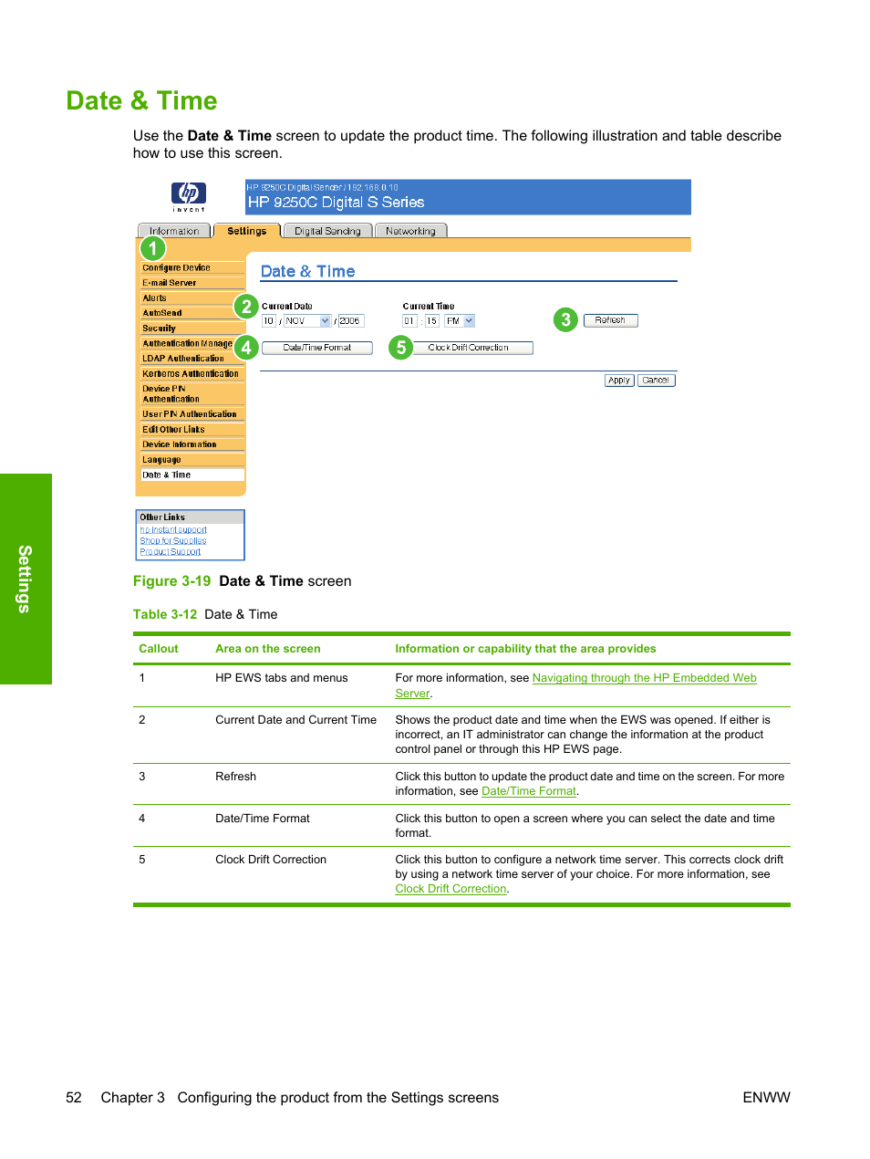 Date & time, Table 3-12 date & time, Figure 3-19 date & time screen | Settings | HP 9250c Digital-Sender User Manual | Page 62 / 98