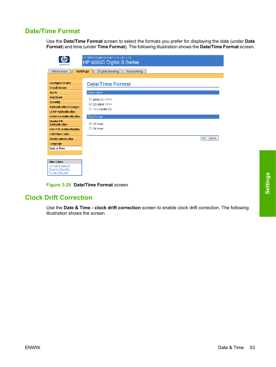Date/time format, Clock drift correction, Date/time format clock drift correction | Figure 3-20 date/time format screen | HP 9250c Digital-Sender User Manual | Page 63 / 98