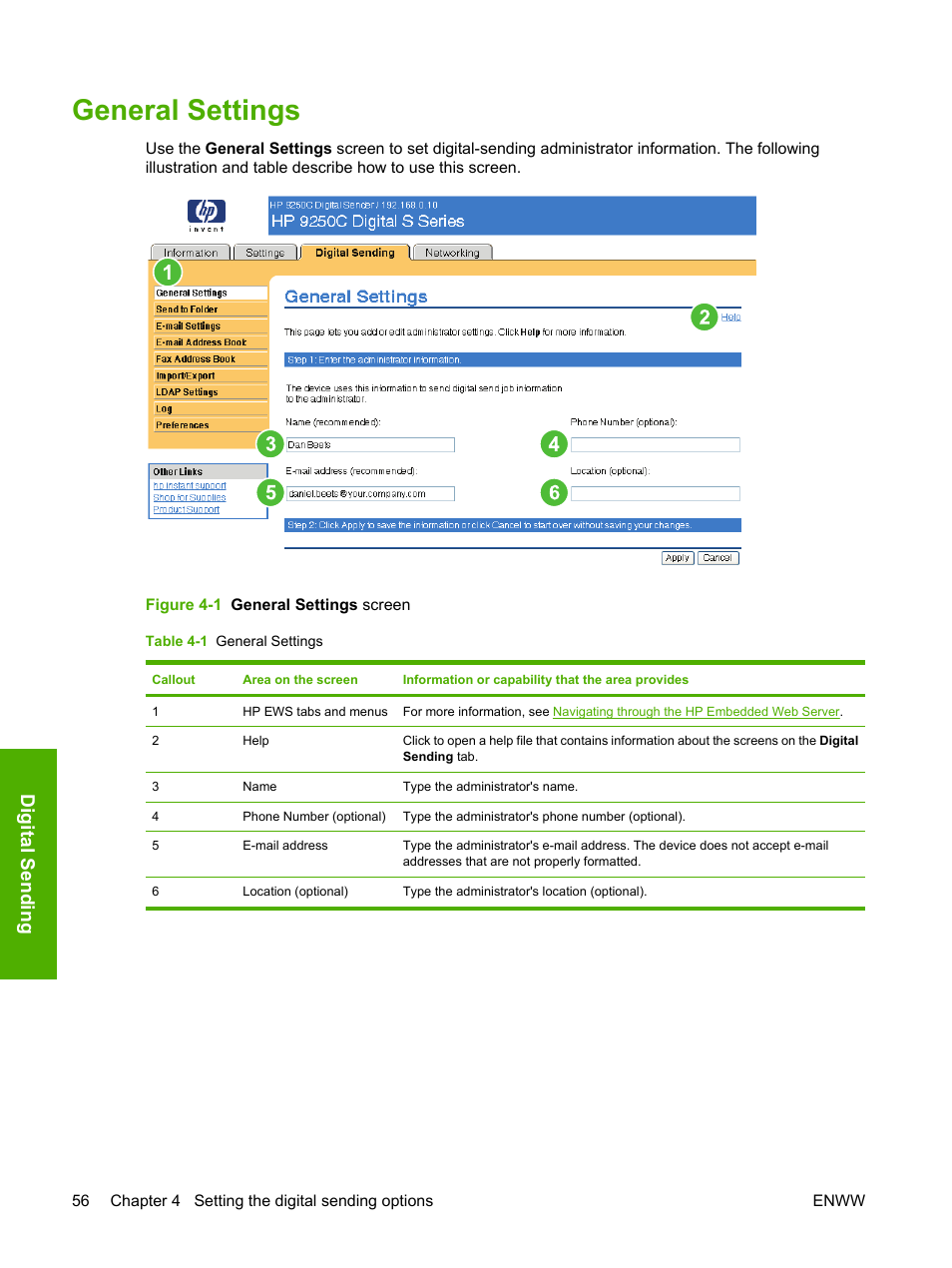 General settings, Table 4-1 general settings, Figure 4-1 general settings screen | Digital send in g | HP 9250c Digital-Sender User Manual | Page 66 / 98