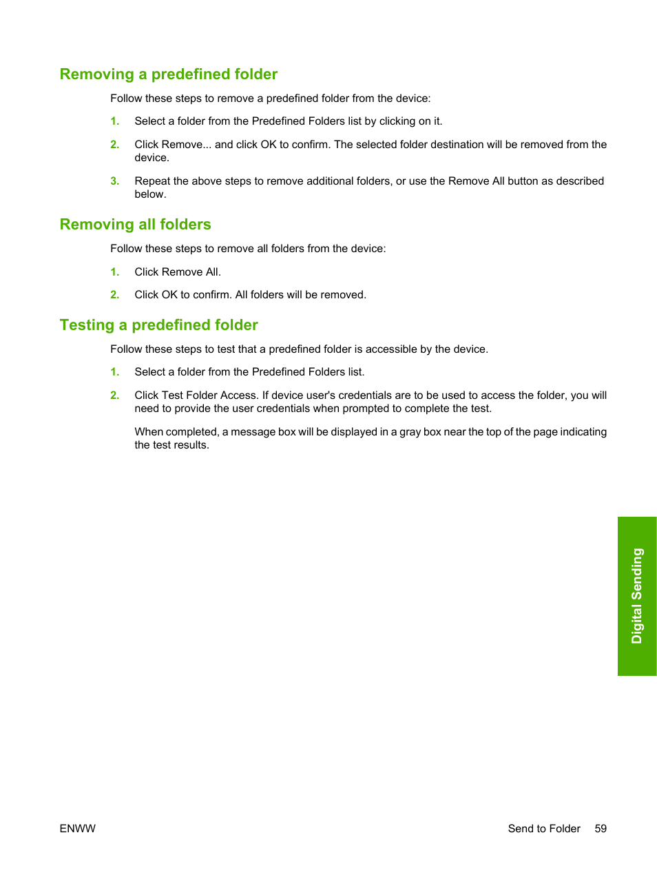 Removing a predefined folder, Removing all folders, Testing a predefined folder | HP 9250c Digital-Sender User Manual | Page 69 / 98