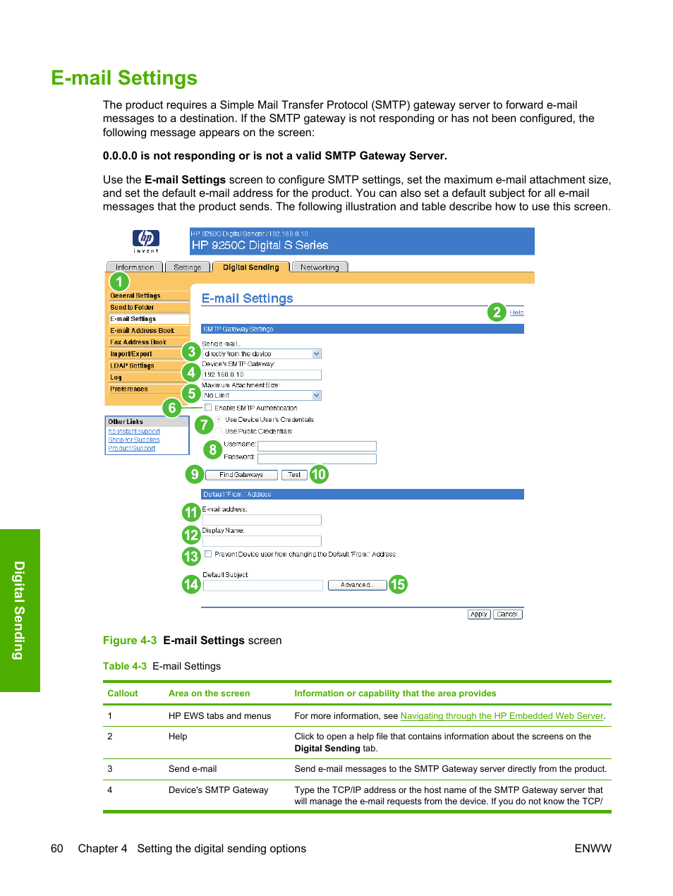 E-mail settings, Table 4-3 e-mail settings, Figure 4-3 e-mail settings screen | Digital send in g | HP 9250c Digital-Sender User Manual | Page 70 / 98