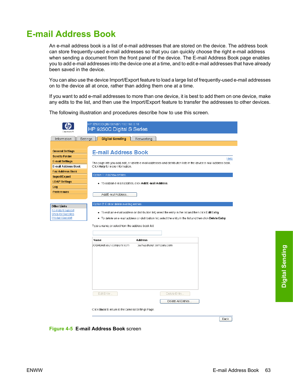 E-mail address book, Figure 4-5 e-mail address book screen | HP 9250c Digital-Sender User Manual | Page 73 / 98
