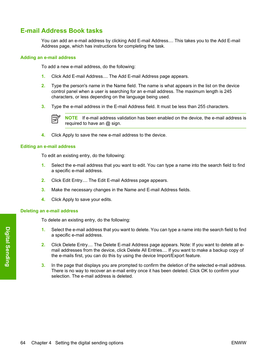 E-mail address book tasks | HP 9250c Digital-Sender User Manual | Page 74 / 98