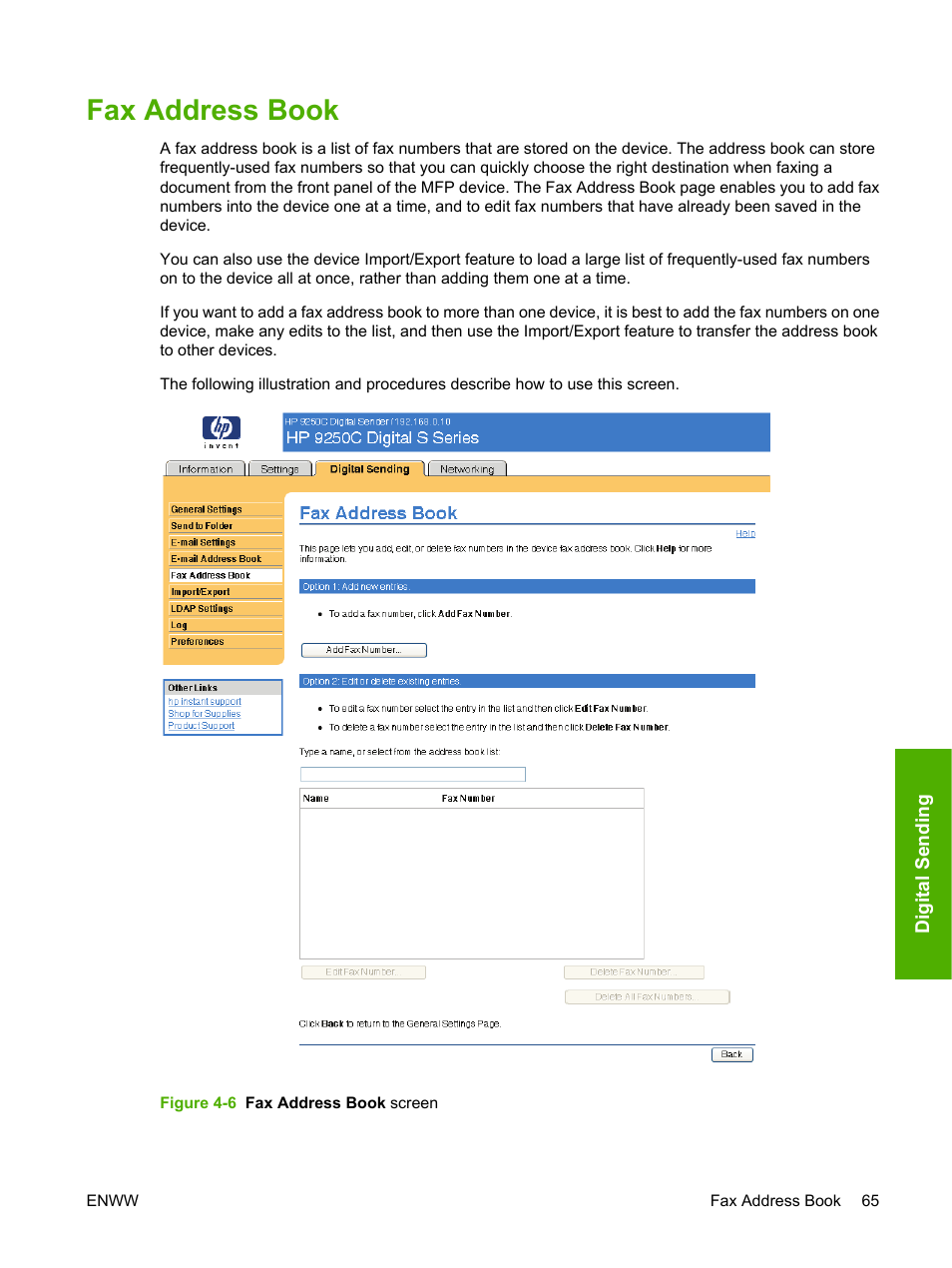 Fax address book, Figure 4-6 fax address book screen | HP 9250c Digital-Sender User Manual | Page 75 / 98