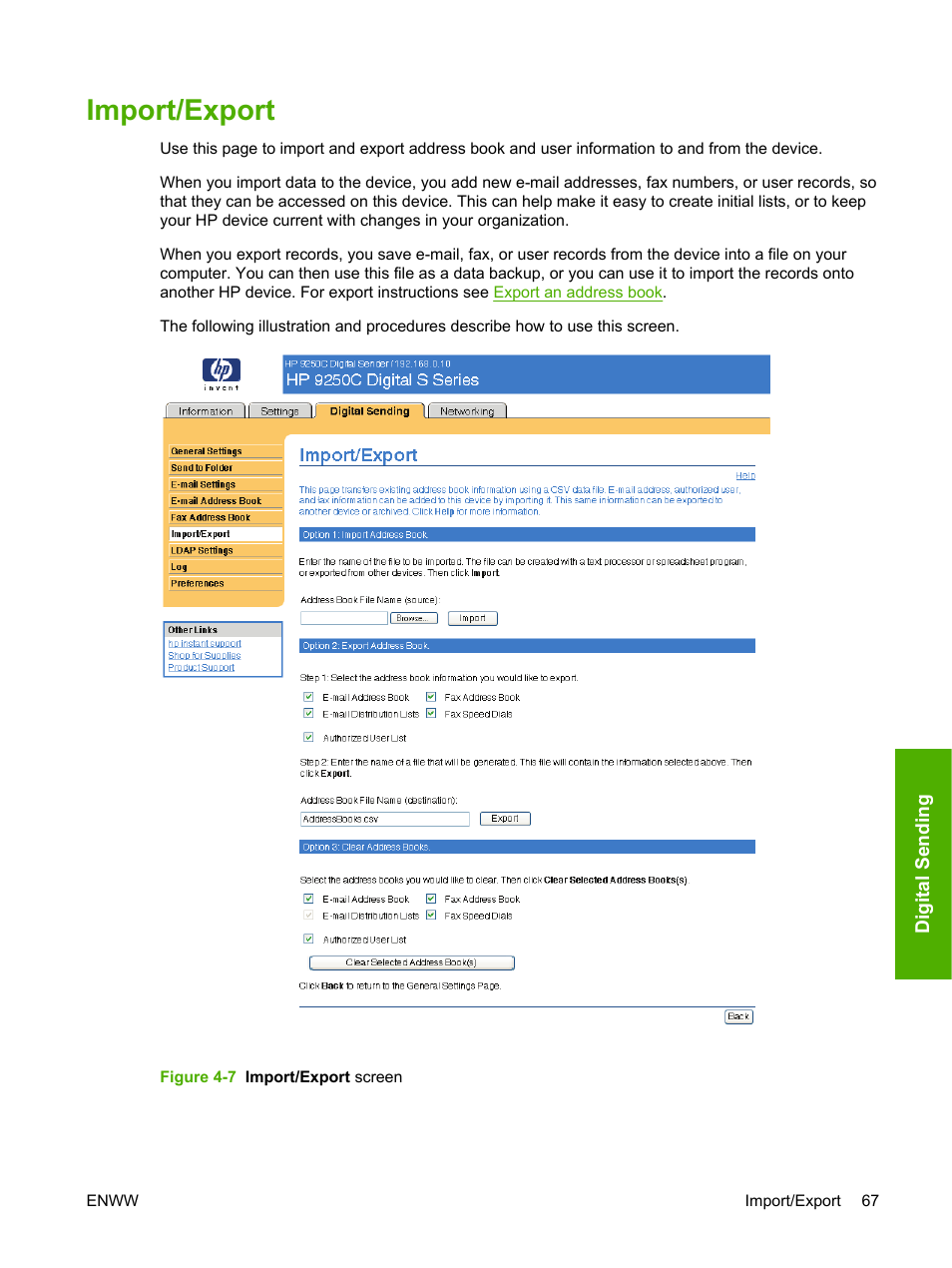 Import/export, Figure 4-7 import/export screen | HP 9250c Digital-Sender User Manual | Page 77 / 98