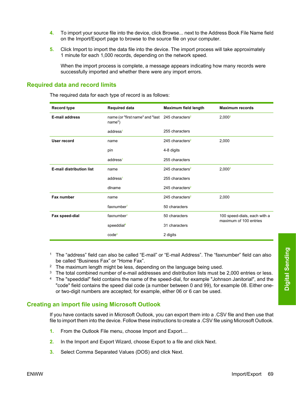 Required data and record limits, Creating an import file using microsoft outlook, Digital send in g | HP 9250c Digital-Sender User Manual | Page 79 / 98