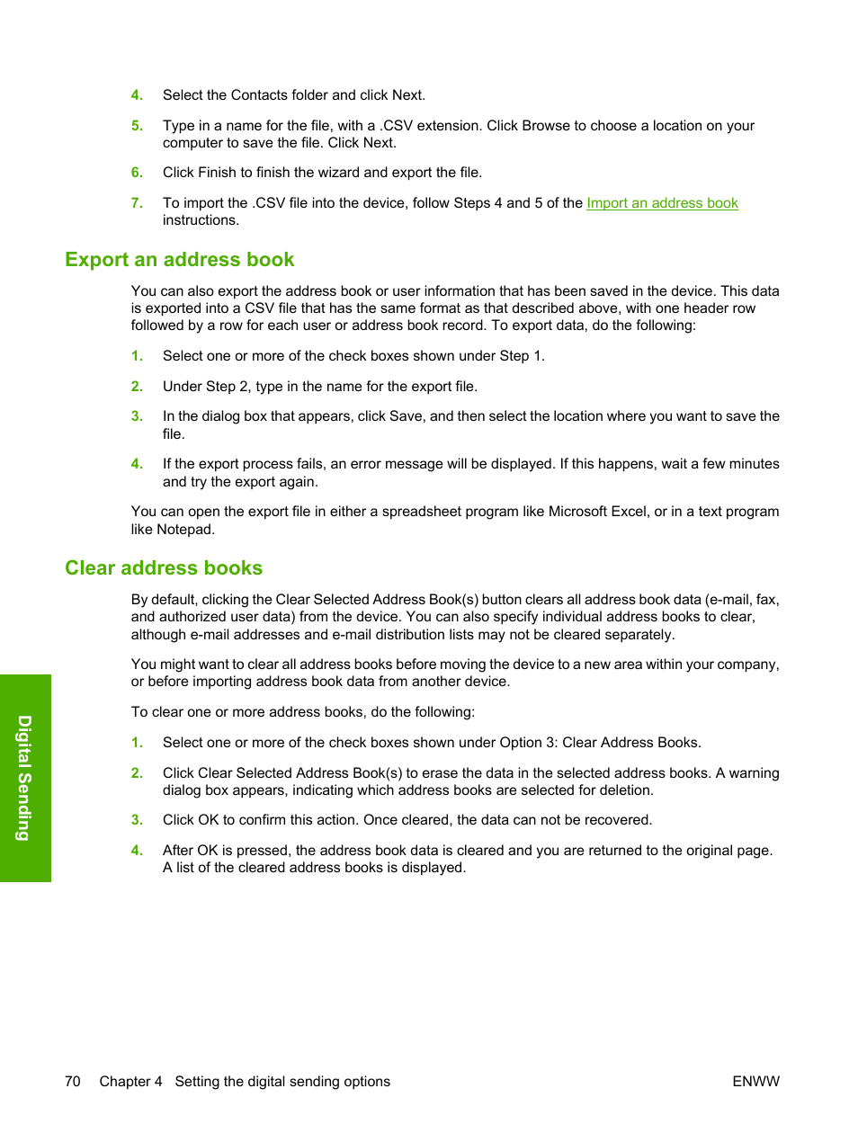 Export an address book, Clear address books, Export an address book clear address books | HP 9250c Digital-Sender User Manual | Page 80 / 98