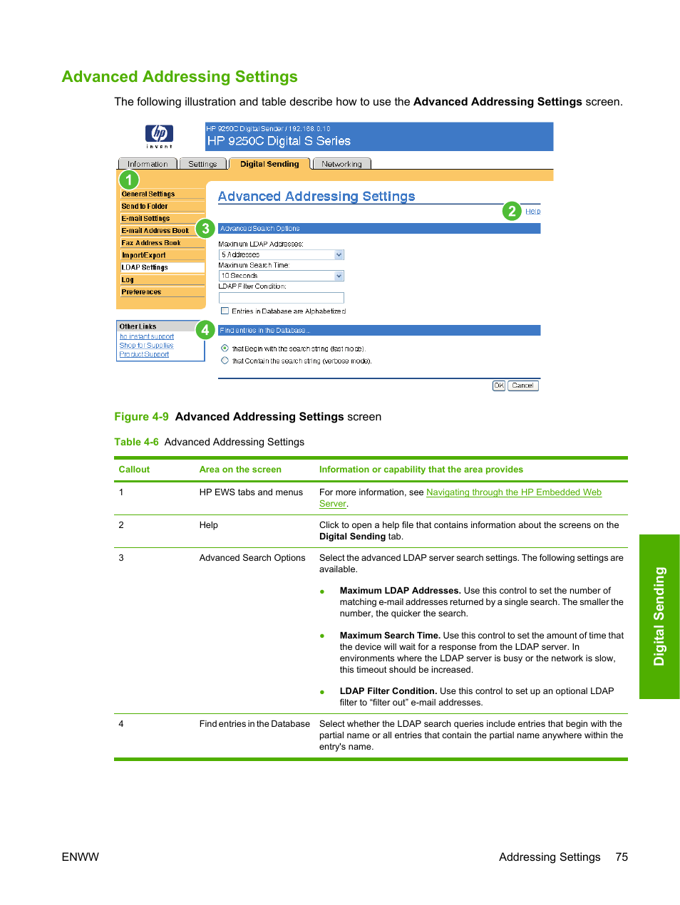 Advanced addressing settings, Table 4-6 advanced addressing settings, Figure 4-9 advanced addressing settings screen | Digital send in g | HP 9250c Digital-Sender User Manual | Page 85 / 98