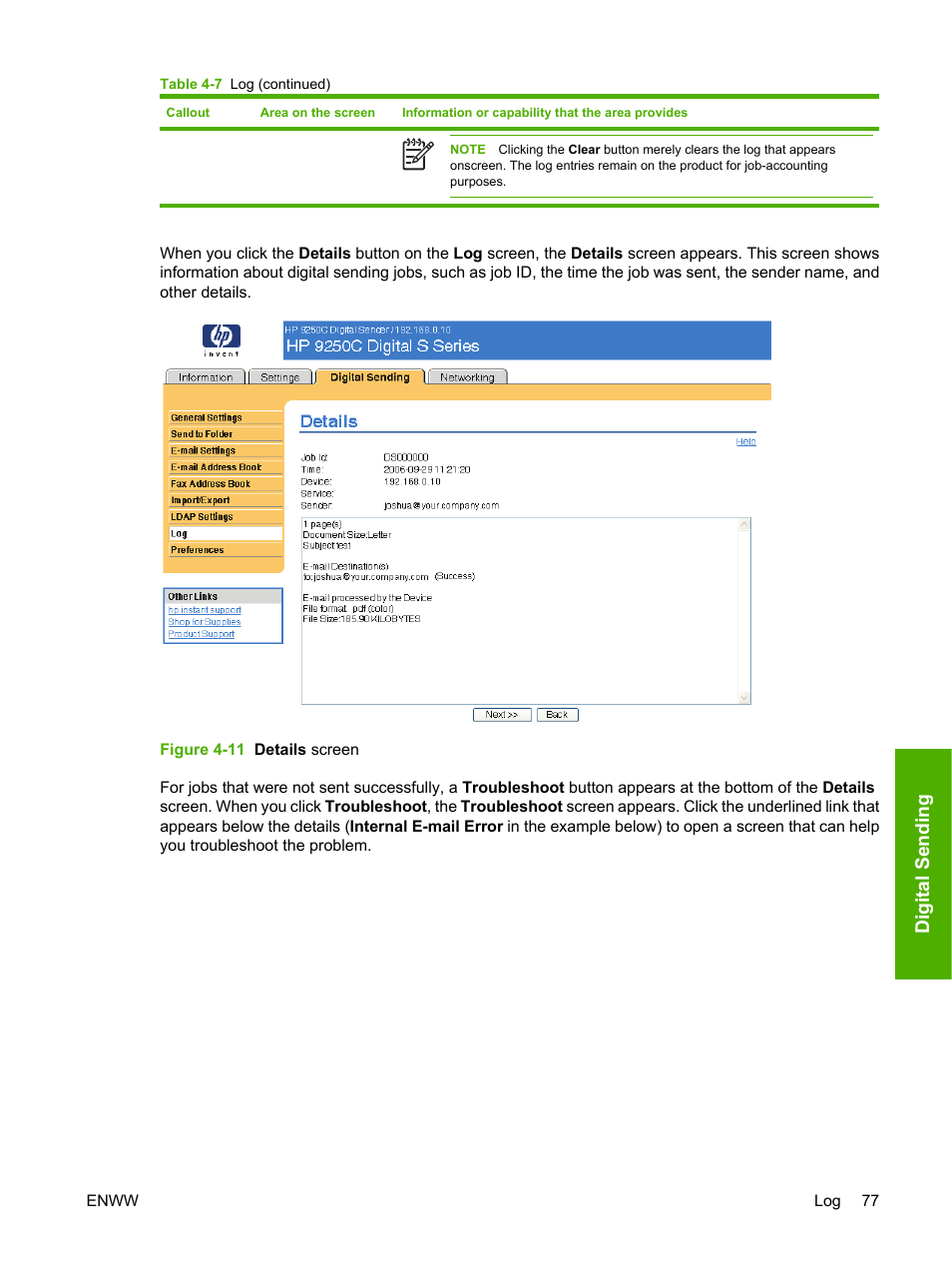 Figure 4-11 details screen, Digital send in g | HP 9250c Digital-Sender User Manual | Page 87 / 98