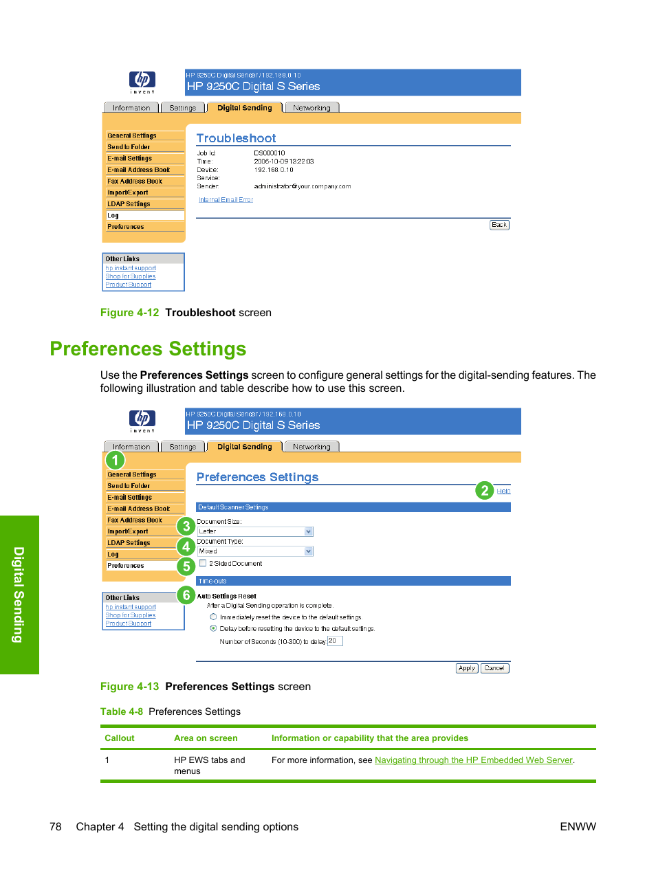 Preferences settings, Table 4-8 preferences settings, Figure 4-12 troubleshoot screen | Figure 4-13 preferences settings screen, Digital send in g | HP 9250c Digital-Sender User Manual | Page 88 / 98