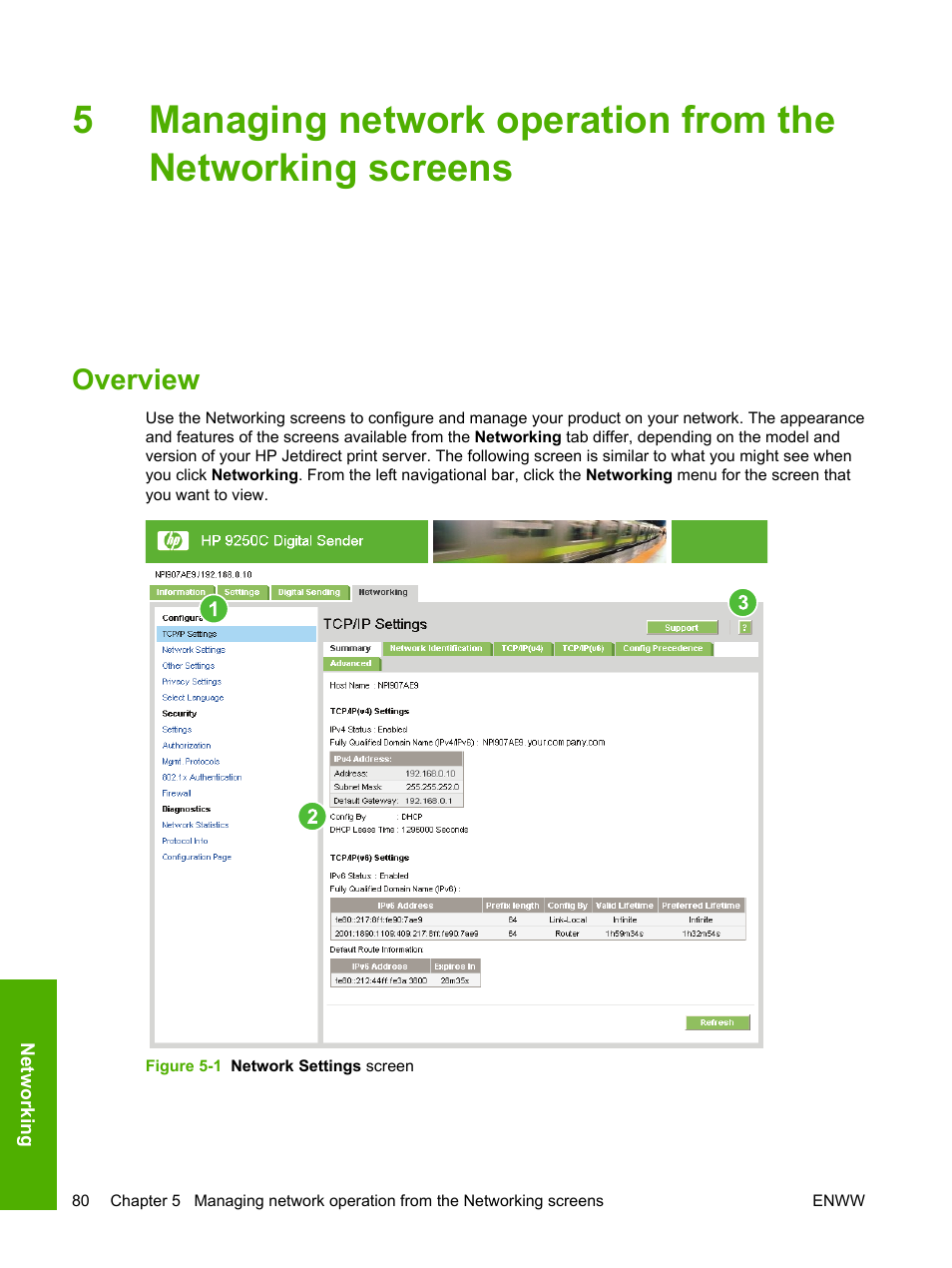 Overview, Figure 5-1 network settings screen, Managing network operation from | The networking screens, Managing network operation, From the networking screens | HP 9250c Digital-Sender User Manual | Page 90 / 98