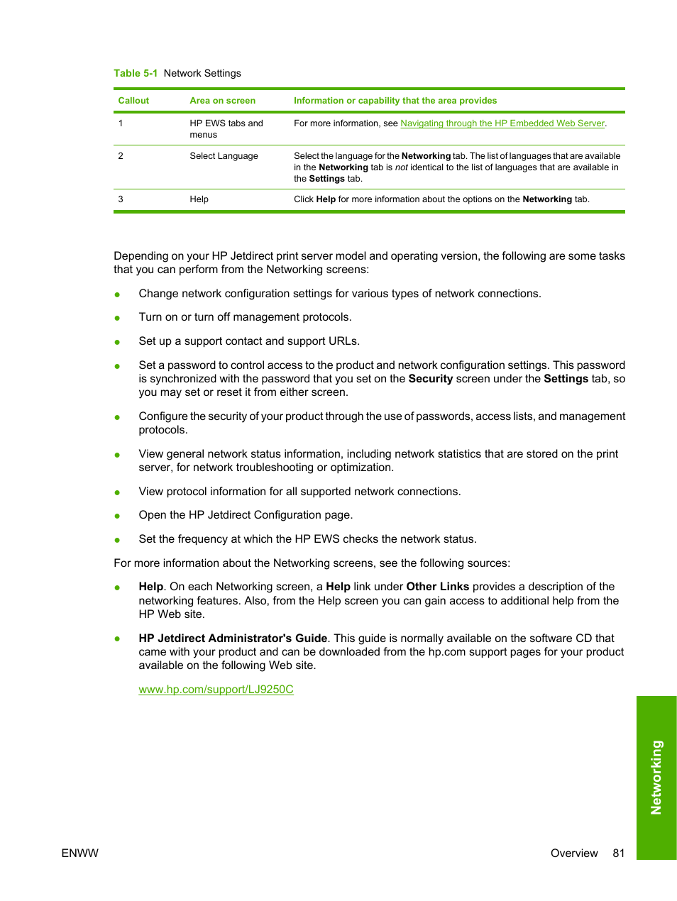 Table 5-1 network settings, Netw ork ing | HP 9250c Digital-Sender User Manual | Page 91 / 98