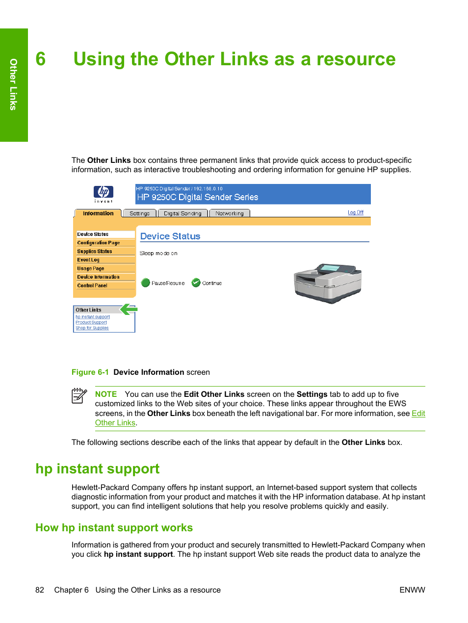 Using the other links as a resource, Hp instant support, How hp instant support works | 6 using the other links as a resource, Figure 6-1 device information screen, Using the other links as a, Resource, 6using the other links as a resource | HP 9250c Digital-Sender User Manual | Page 92 / 98