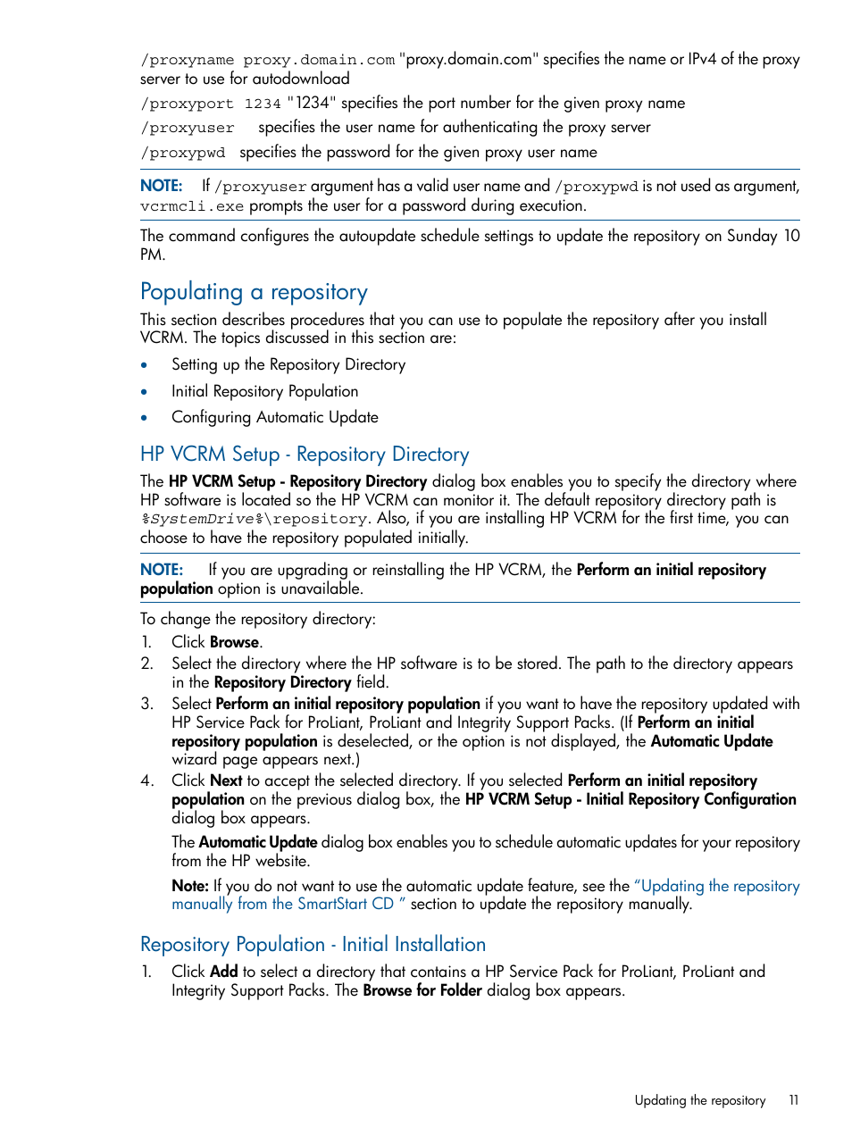 Populating a repository, Hp vcrm setup - repository directory, Repository population - initial installation | HP Insight Foundation Software for ProLiant User Manual | Page 11 / 53