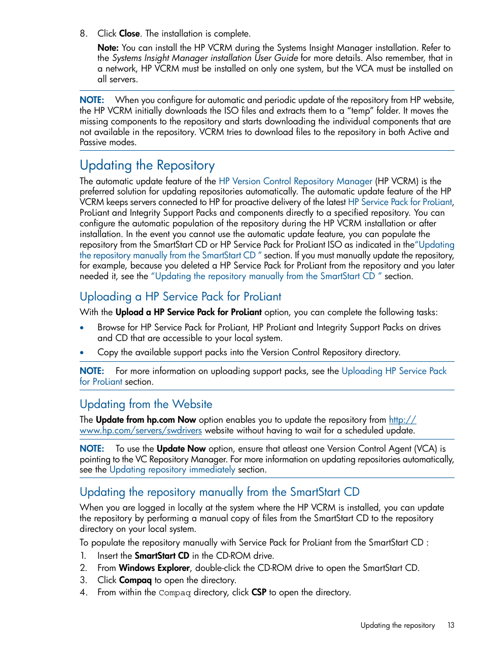 Updating the repository, Uploading a hp service pack for proliant, Updating from the website | HP Insight Foundation Software for ProLiant User Manual | Page 13 / 53