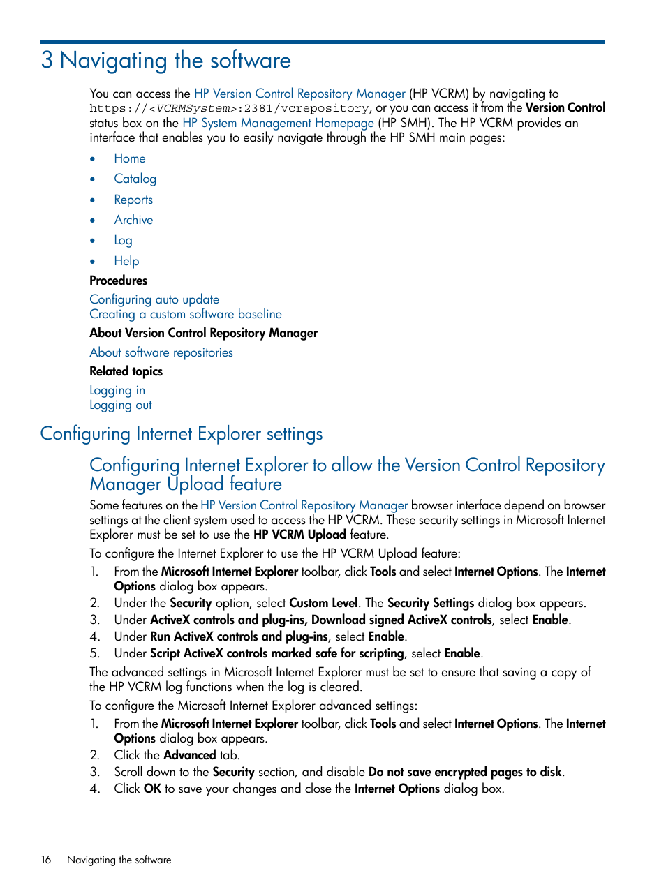 3 navigating the software, Configuring internet explorer settings | HP Insight Foundation Software for ProLiant User Manual | Page 16 / 53