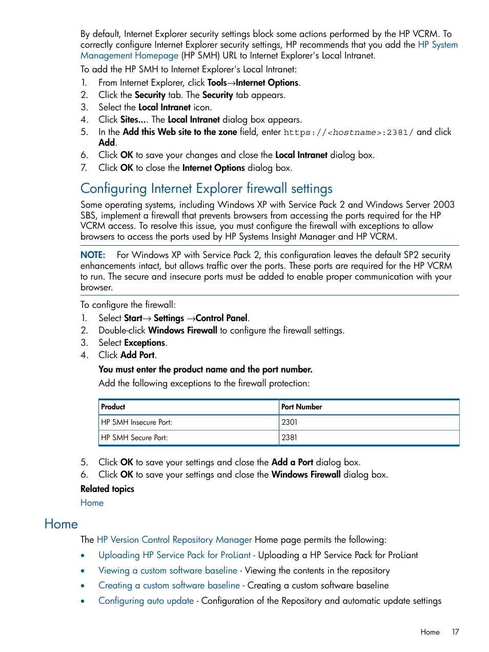 Home, Configuring internet explorer firewall settings | HP Insight Foundation Software for ProLiant User Manual | Page 17 / 53