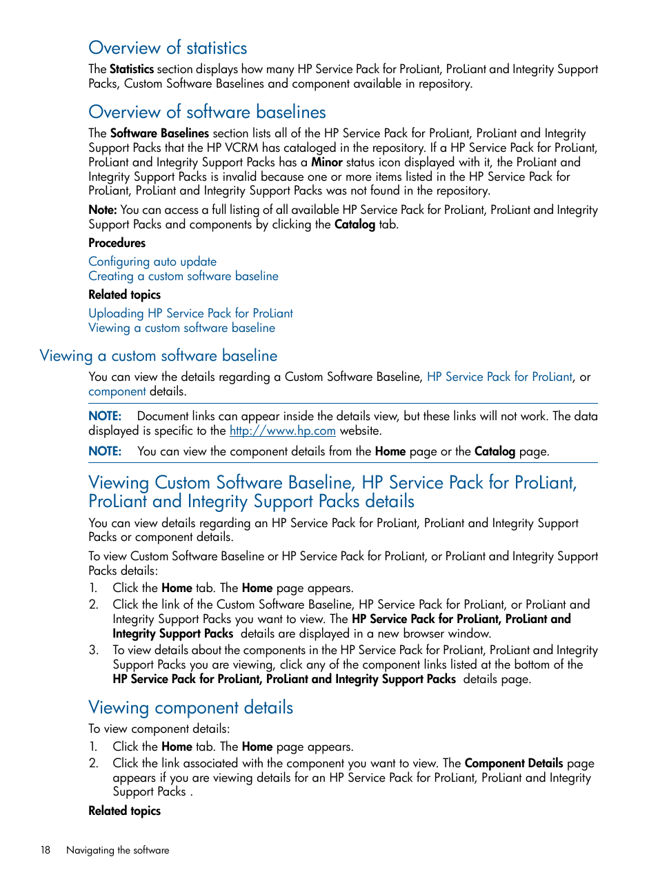 Viewing a custom software baseline, Overview of statistics, Overview of software baselines | Viewing component details | HP Insight Foundation Software for ProLiant User Manual | Page 18 / 53