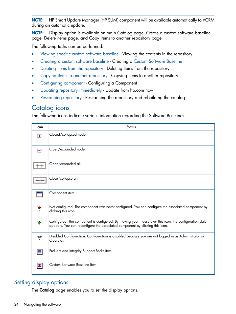 Setting display options, Catalog icons | HP Insight Foundation Software for ProLiant User Manual | Page 24 / 53