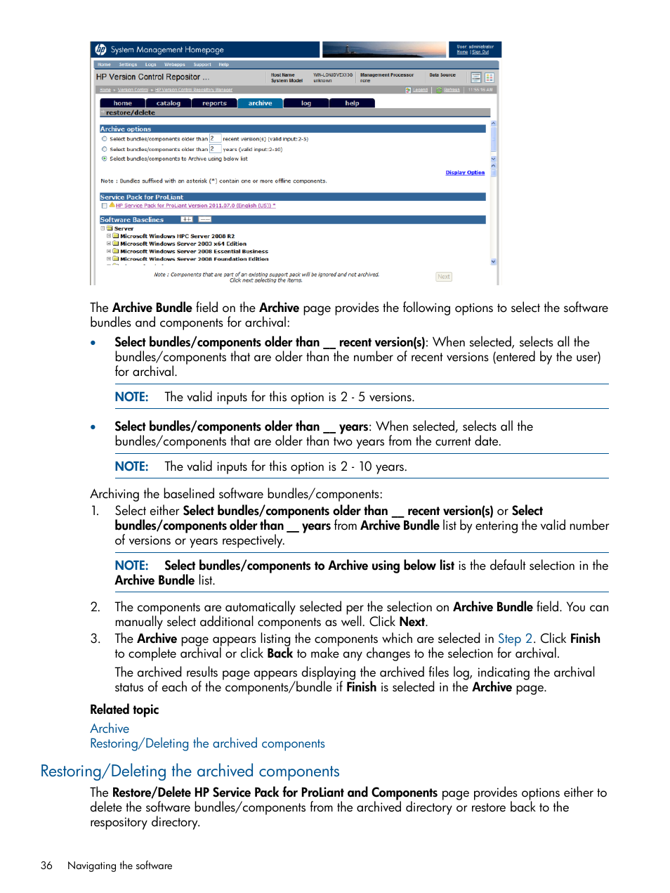 Restoring/deleting the archived components | HP Insight Foundation Software for ProLiant User Manual | Page 36 / 53